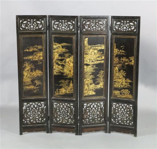 A Chinese hongmu and lacquer panelled four fold screen, 19th century, H. 104cm x W. 105cm